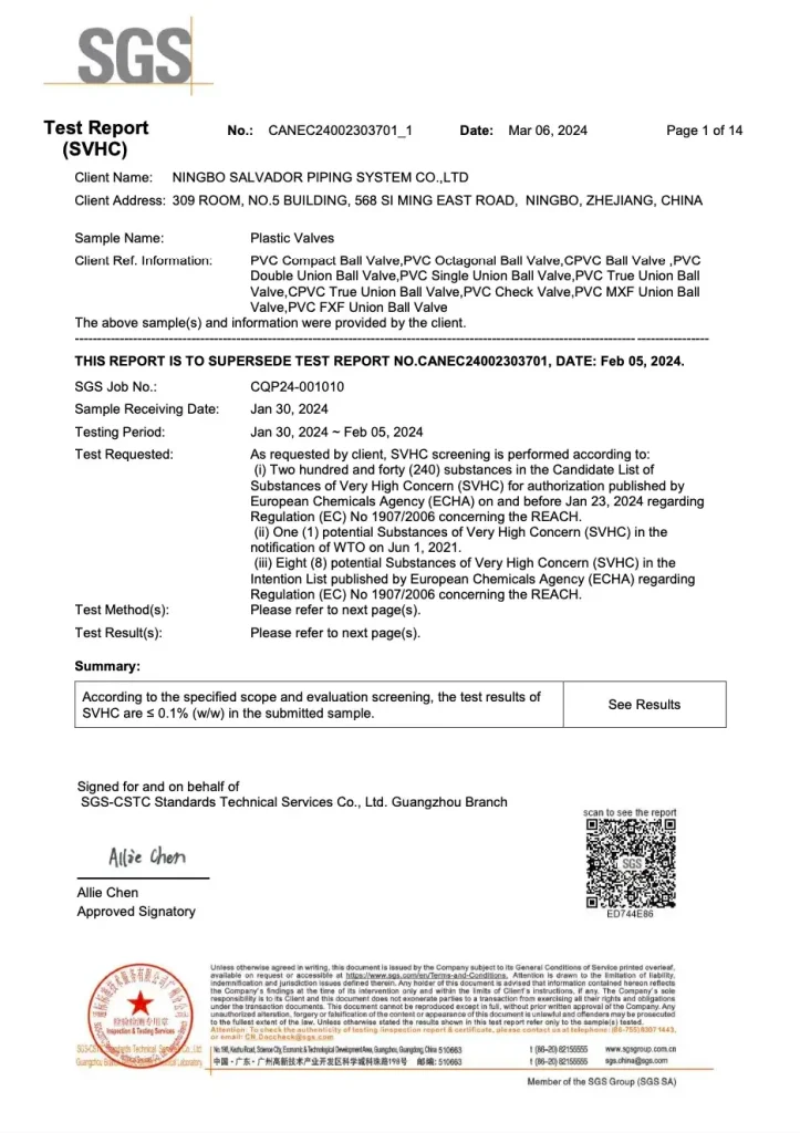 PVC Ball Valve Certificate