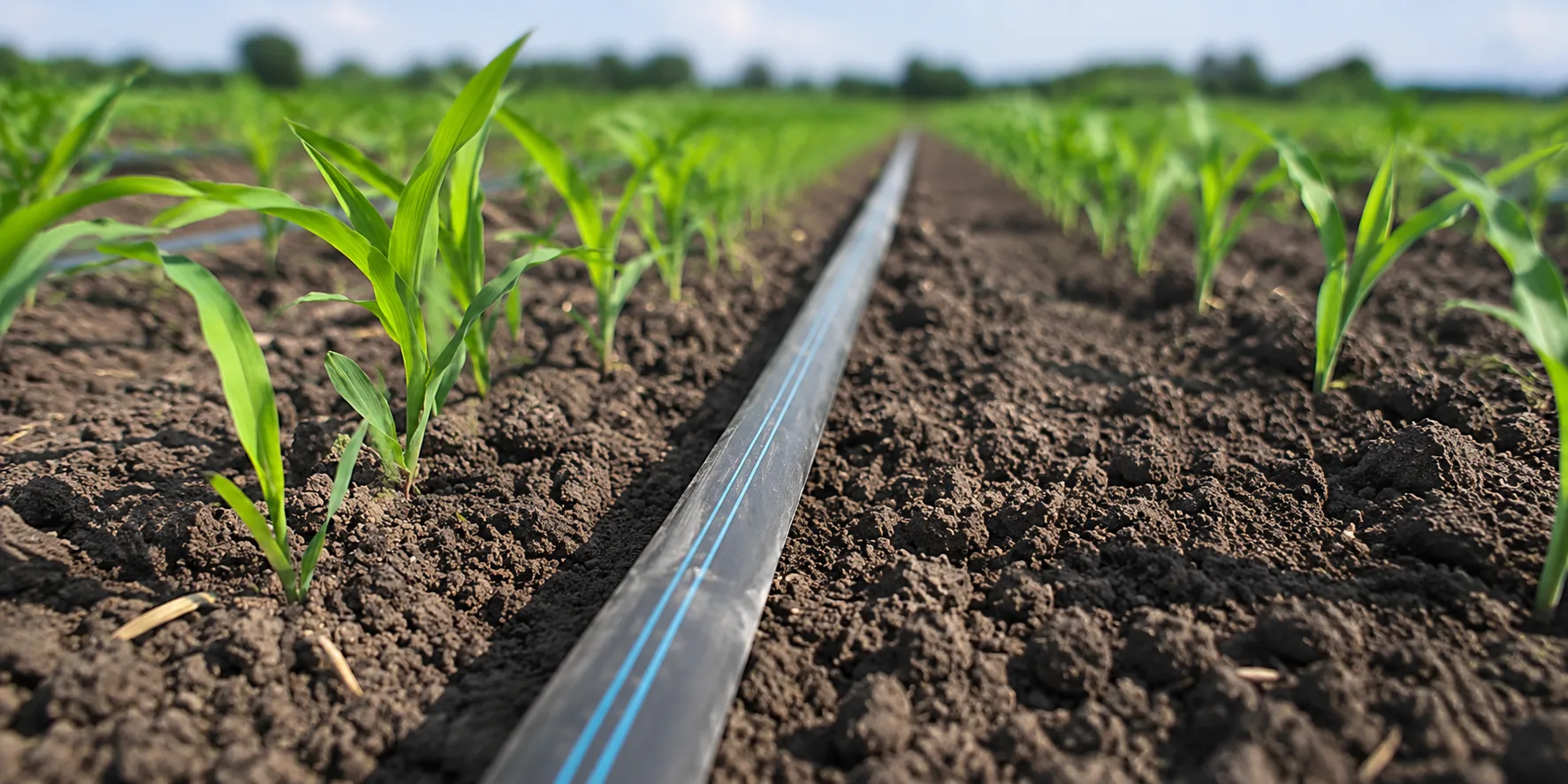 Drip irrigation tape installed in agricultural field