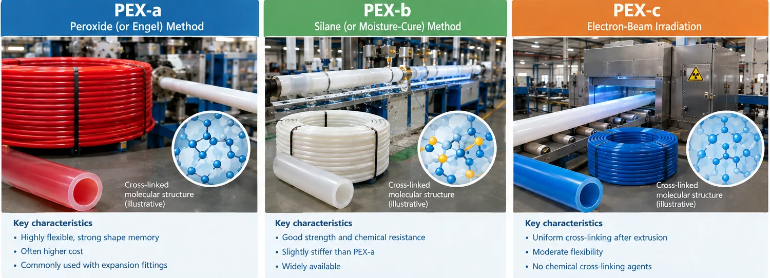 types of PEX pipe including PEX-a PEX-b and PEX-c