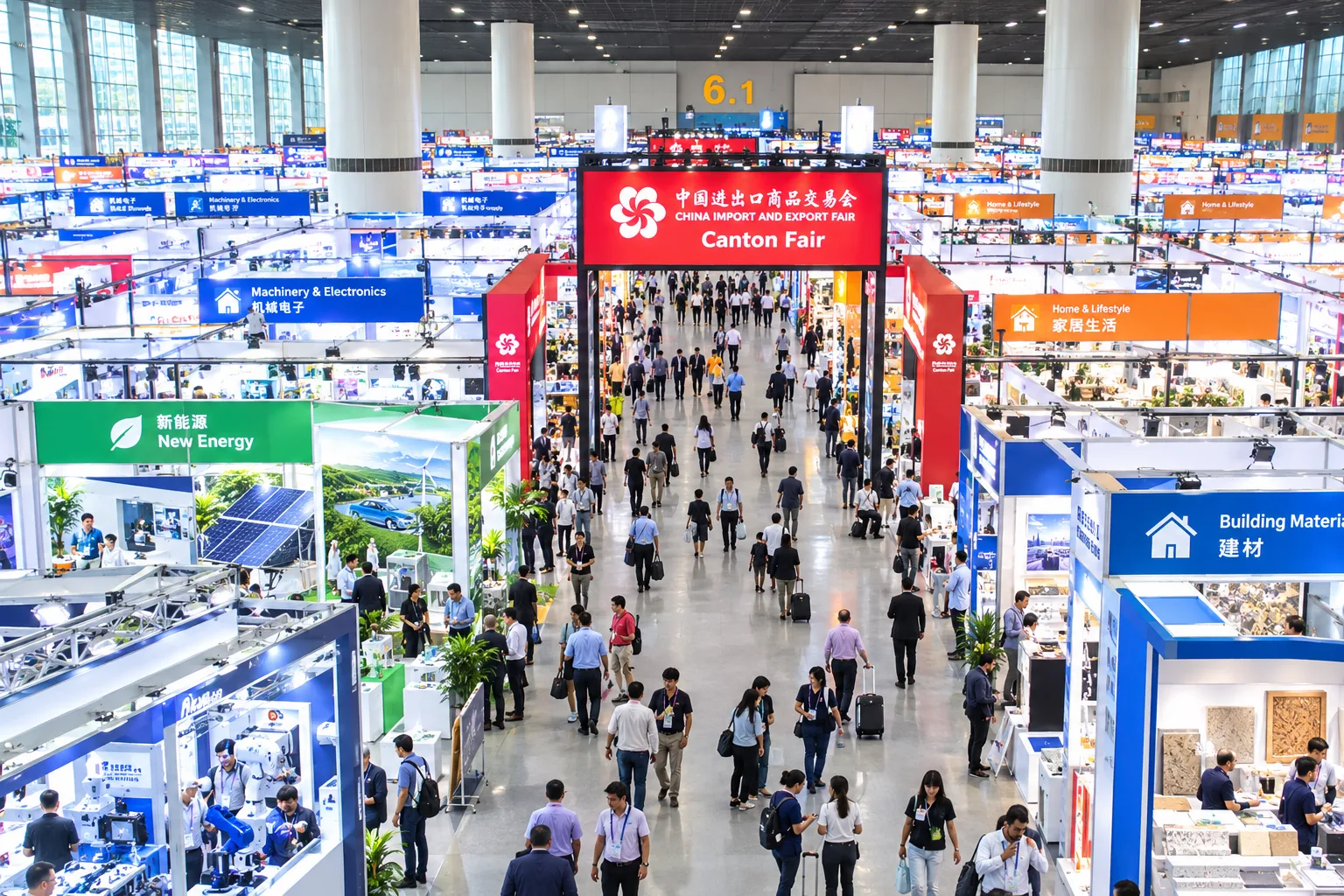 International buyers exploring exhibition halls at the Canton Fair in Guangzhou, China